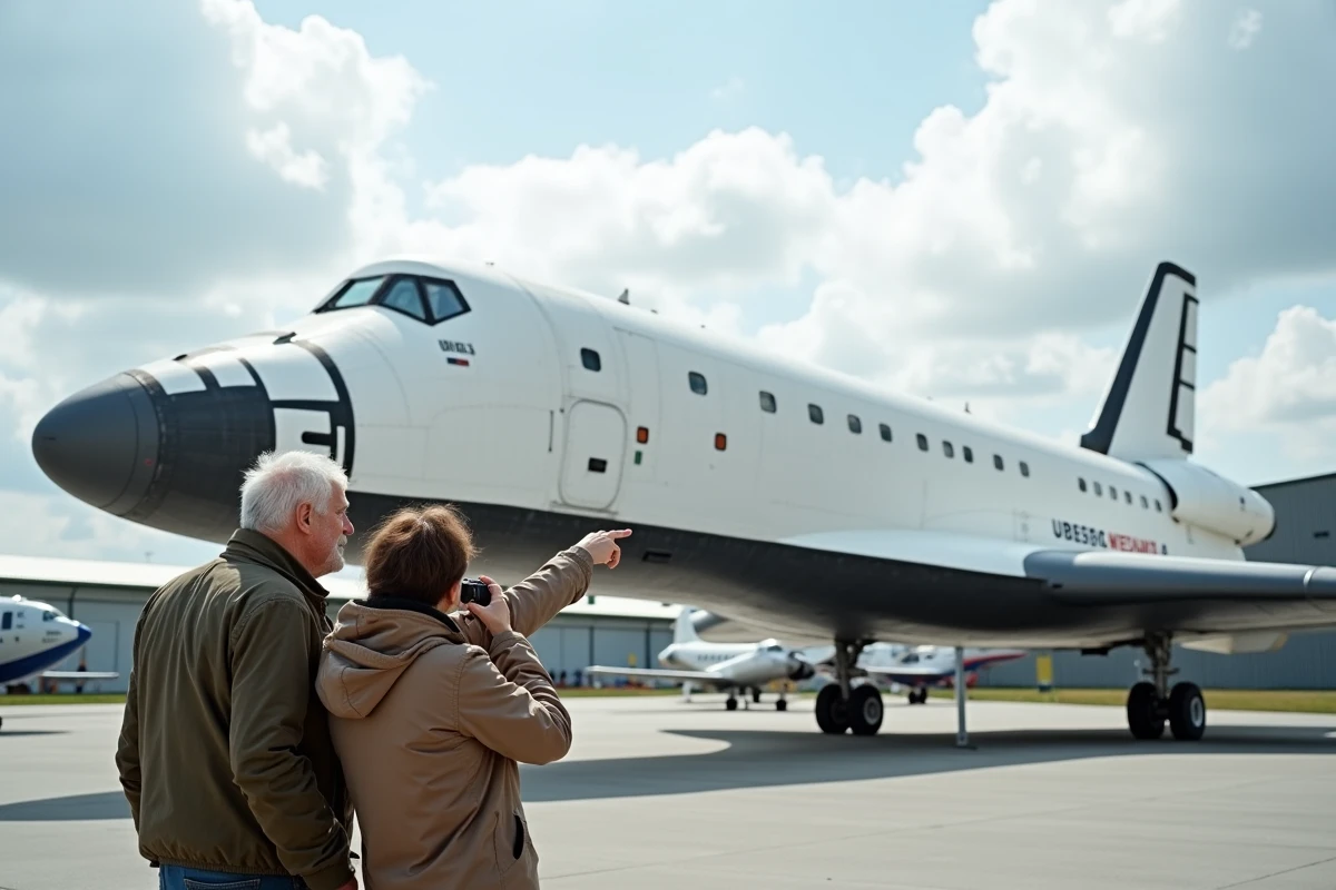 Couple de touristes devant la navette spatiale Bourane au Technik Museum de Spire, Allemagne