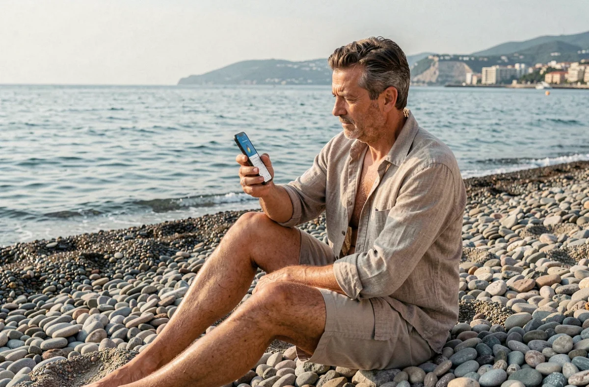 Homme consultant les prévisions de température de l'eau sur smartphone sur la plage de galets de Nice
