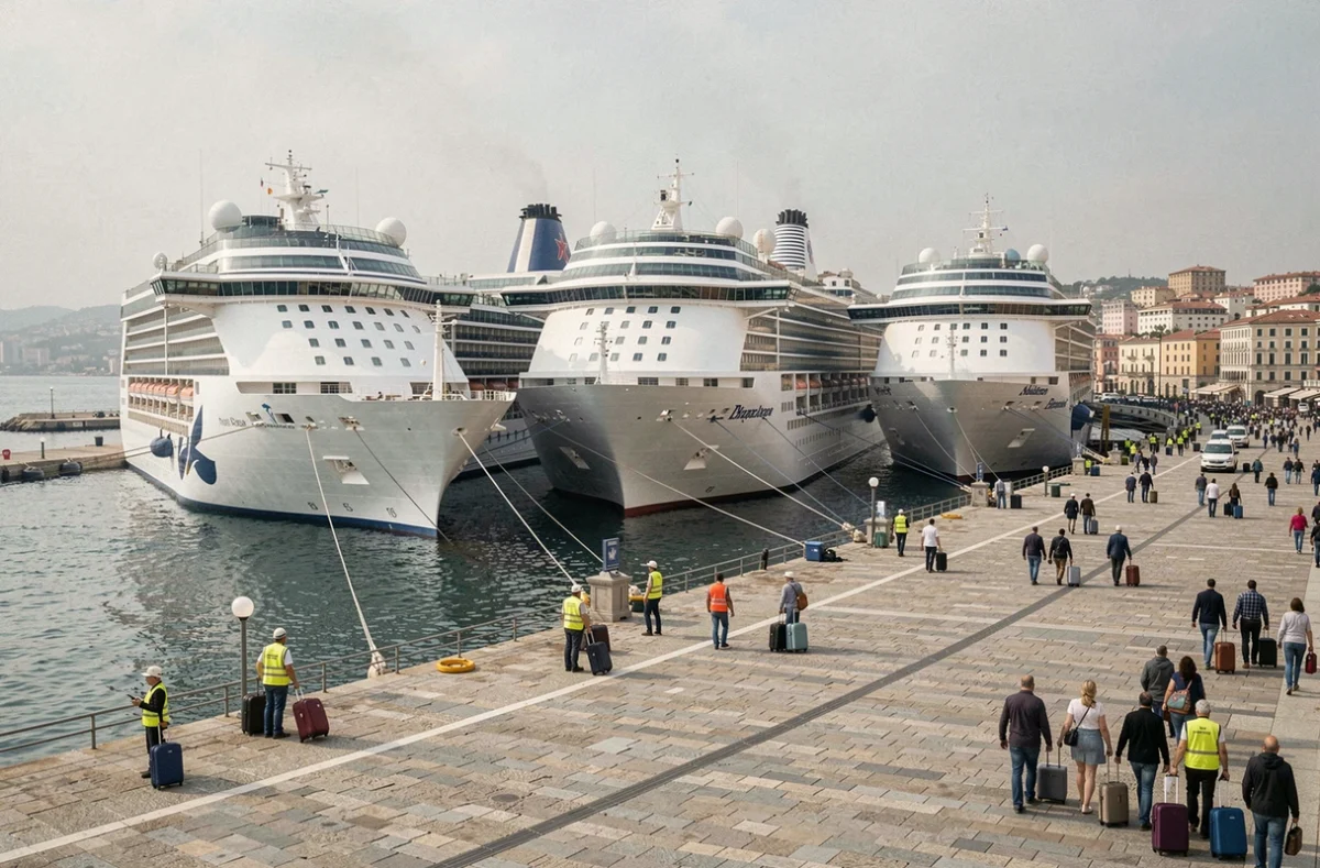Terminal de croisière méditerranéen avec plusieurs compagnies de bateaux amarrés côte à côte