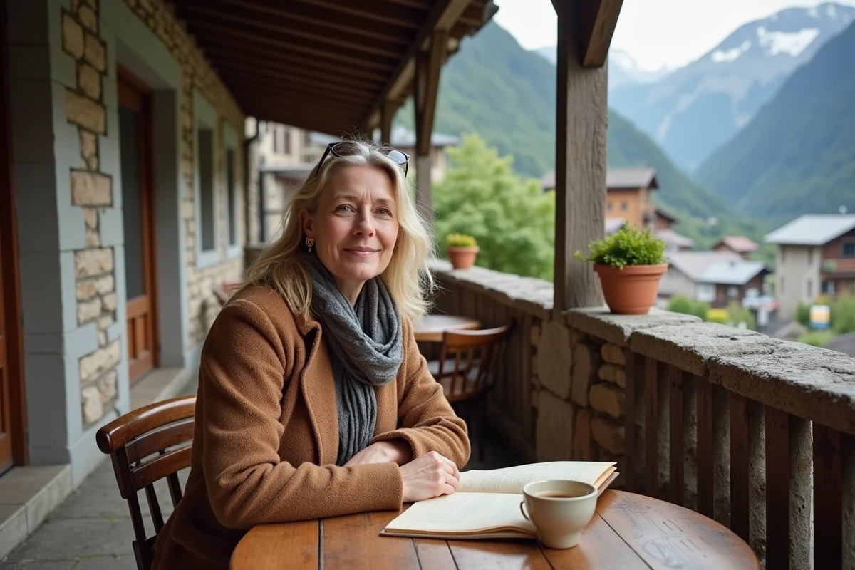 Voyageuse en pause café sur une terrasse alpine rustique à La Thuile côté italien du col du Petit-Saint-Bernard avec vue sur les Alpes
