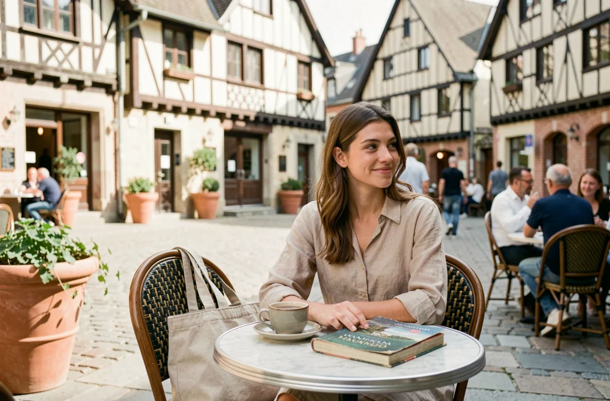 Femme attablée en terrasse de café sur la Place Plumereau à Tours entourée de maisons à colombages du quartier médiéval
