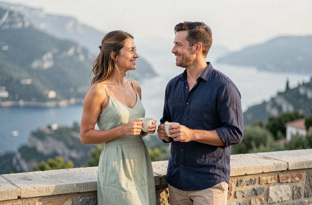 Couple profitant de la vue sur la Côte d'Azur depuis la terrasse d'un hébergement à Eze village