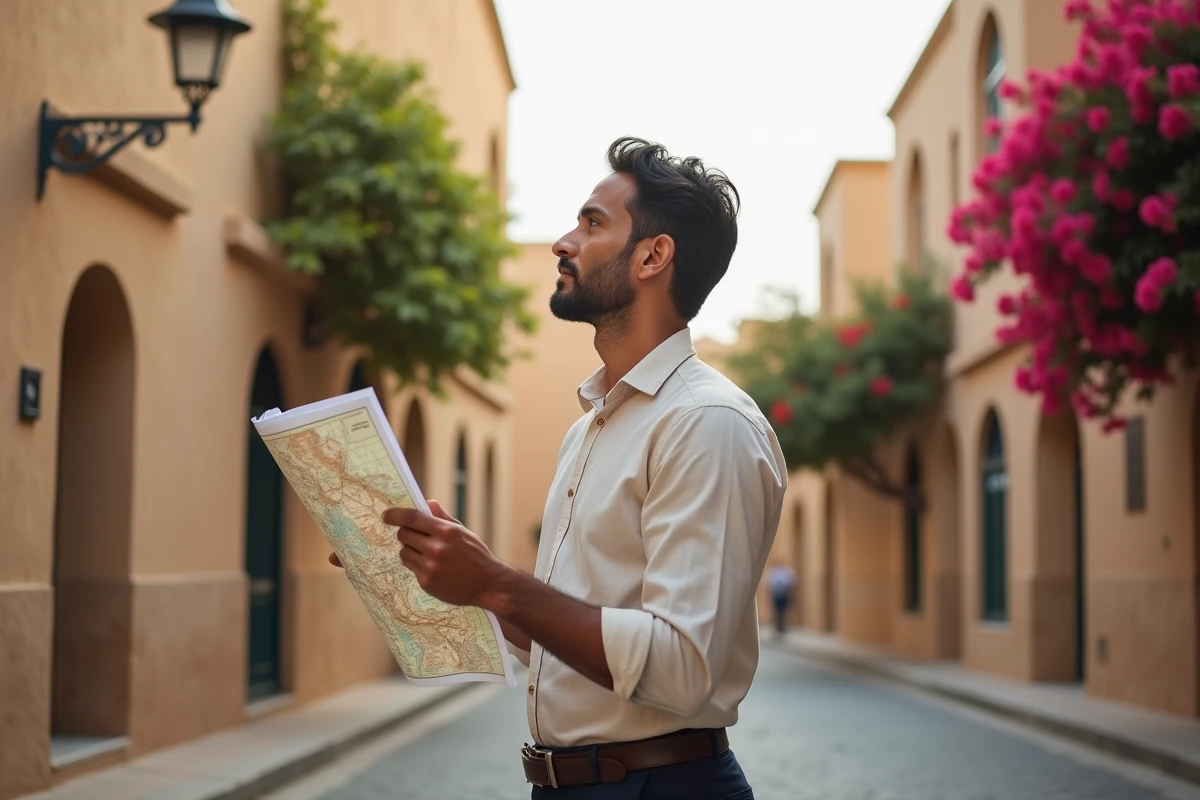 Touriste consultant une carte touristique dans le quartier historique Al Fahidi de Dubaï