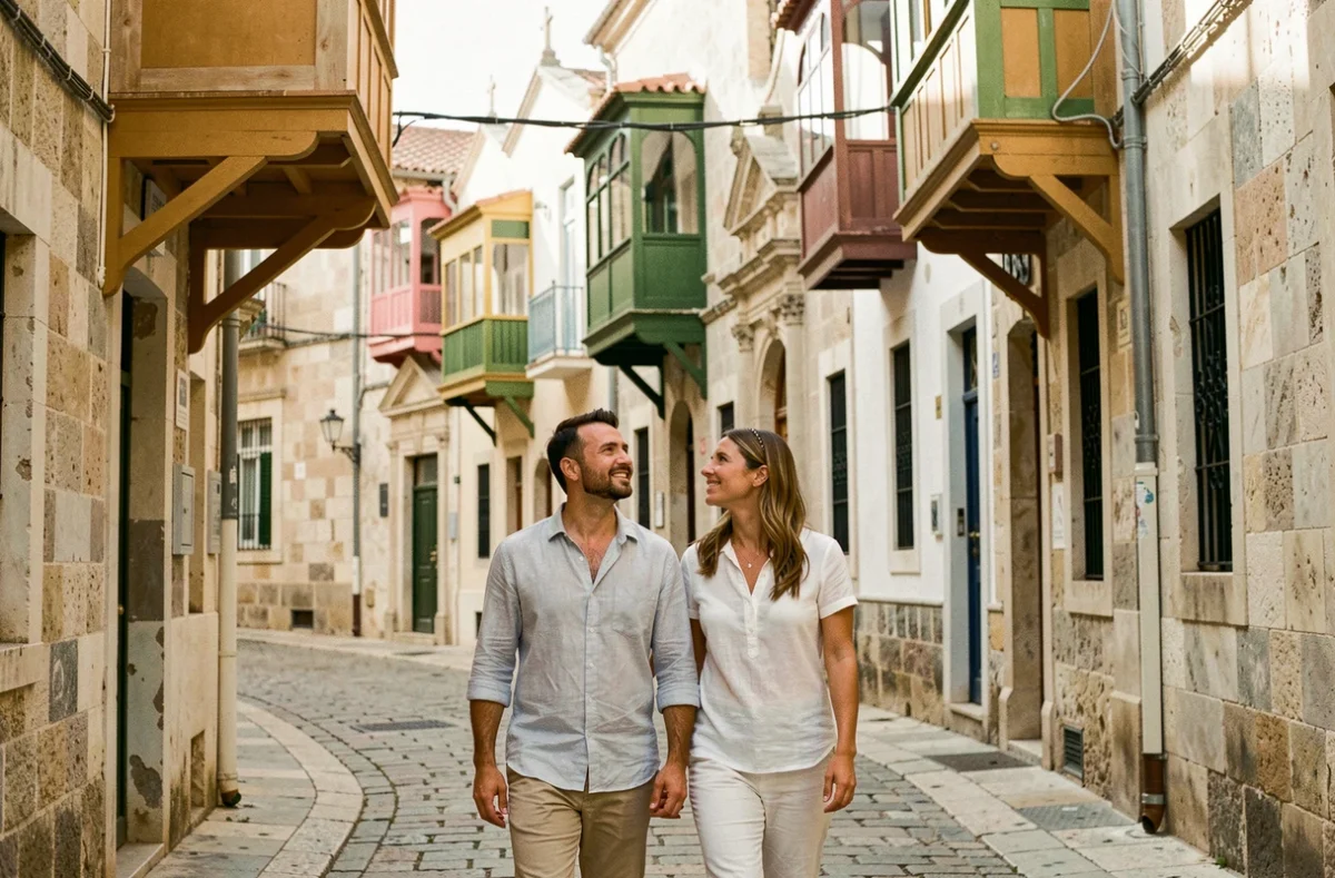 Couple de touristes se promenant dans les ruelles historiques de La Valette avec les célèbres balcons maltais en bois