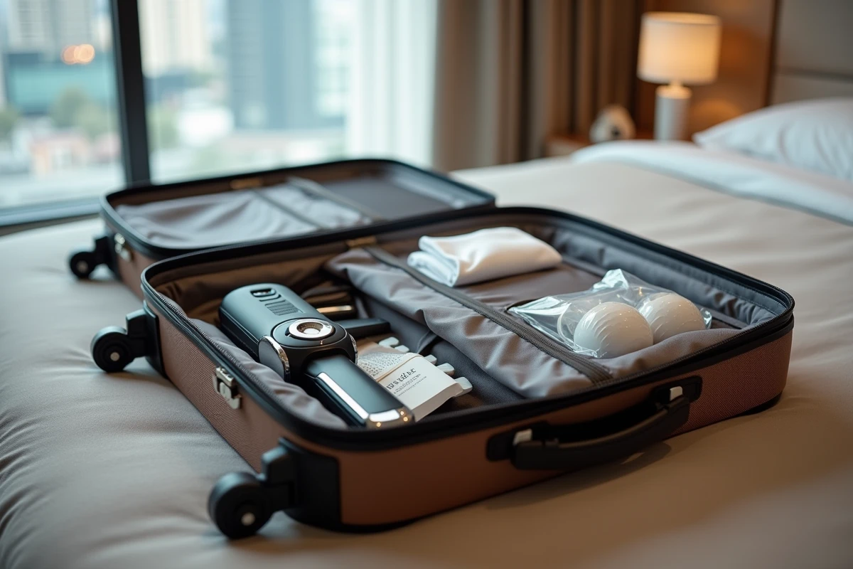 Valise cabine organisée avec rasoir électrique et sac transparent pour les règles de sécurité aéroportuaire