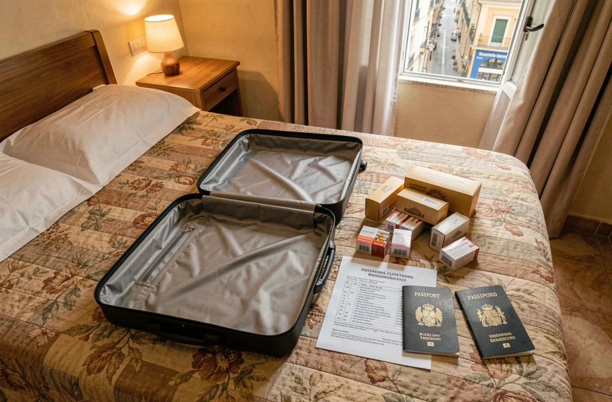 Valise ouverte dans une chambre d'hôtel espagnole avec des cartouches de cigarettes et un document sur les limitations douanières en Espagne