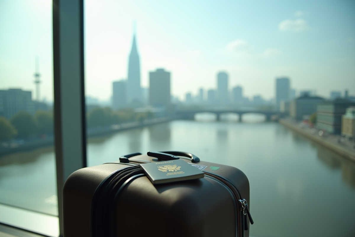 Valise avec passeport et billet devant la skyline de Londres
