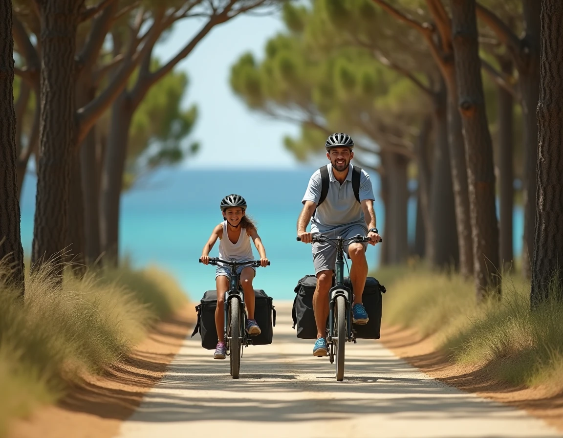 Père et fille à vélo sur une piste cyclable près d'un camping de vacances en bord de mer