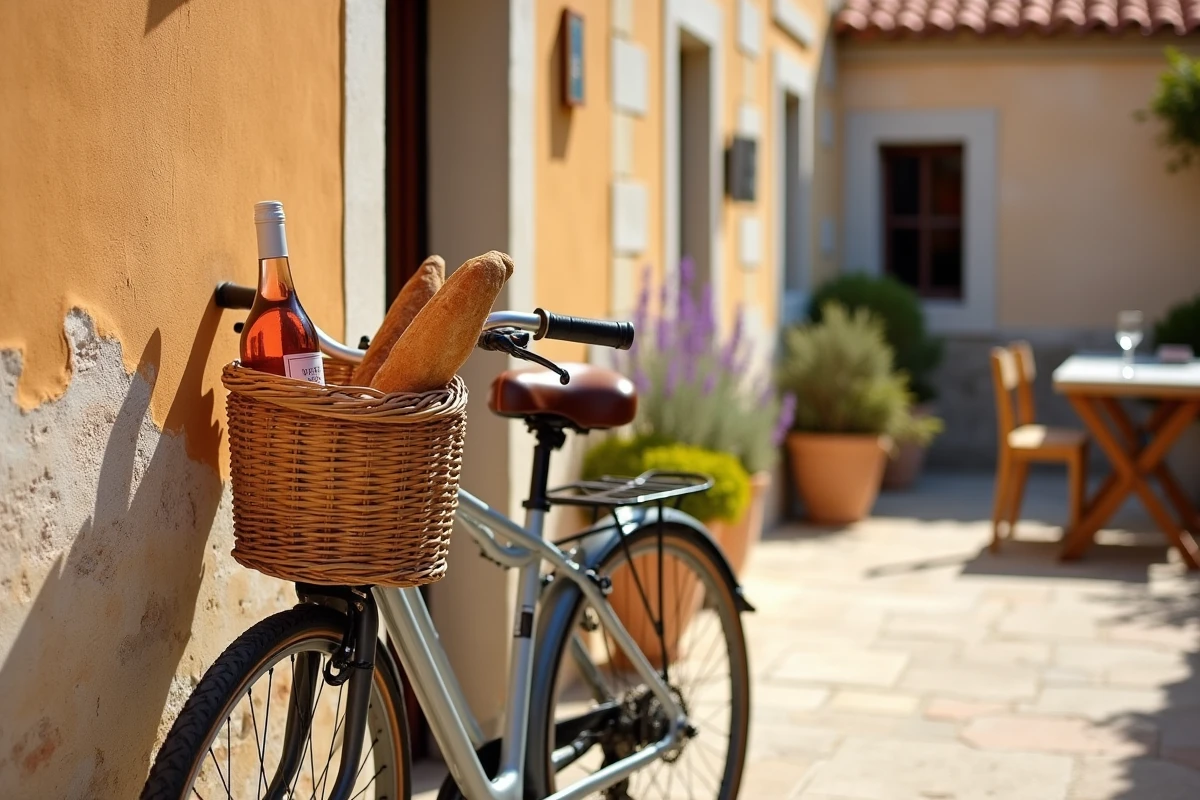 Deux vélos appuyés contre un mur en pierre provençal dans le village de Porquerolles avec baguette et rosé dans un panier en osier