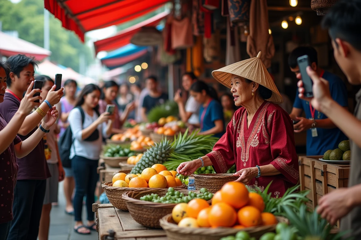 Vendeuse locale âgée envahie par des touristes photographiant son stand dans un marché traditionnel survisité en 2026