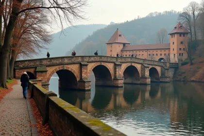 Le Vieux Pont d'Heidelberg enjambant le Neckar avec le château en arrière-plan en automne