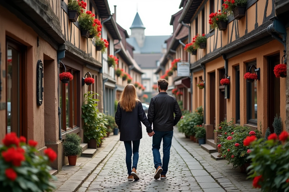 Couple se promenant dans un village pittoresque allemand à colombages aux façades fleuries