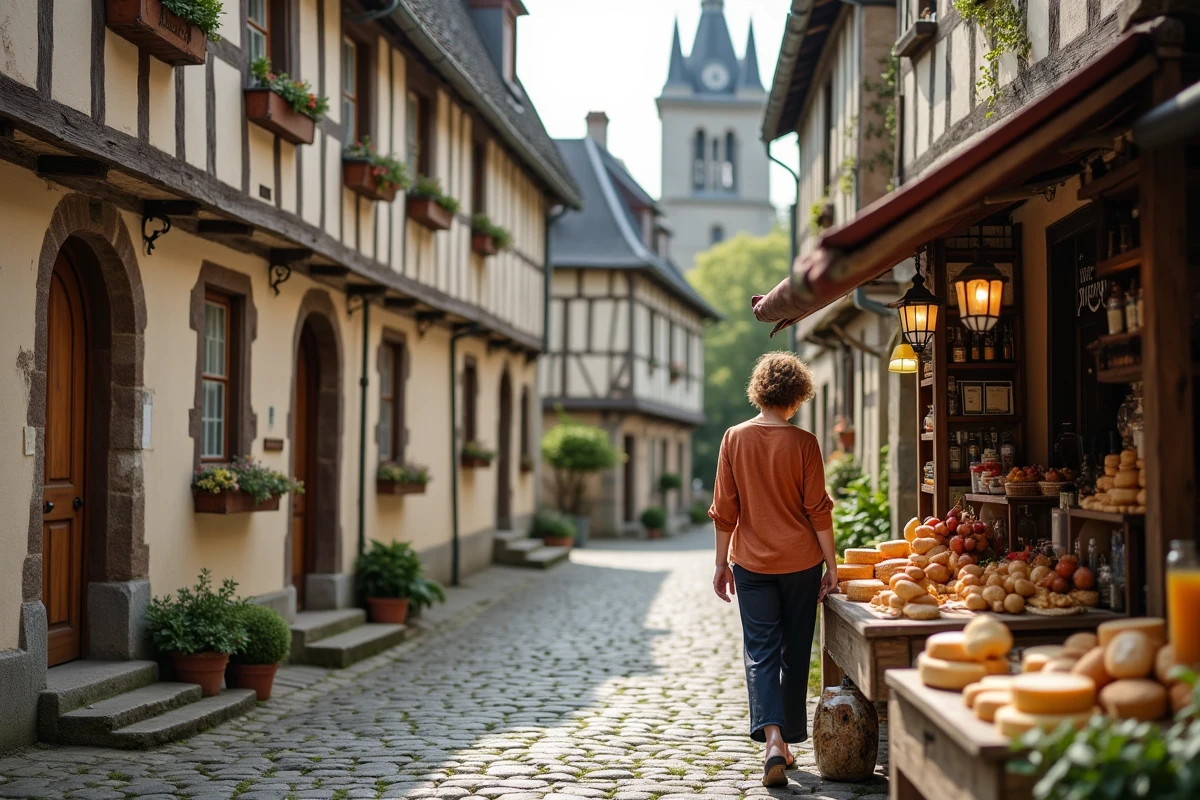 Femme visitant un marché de village normand avec maisons à colombages typiques du Pays d'Auge
