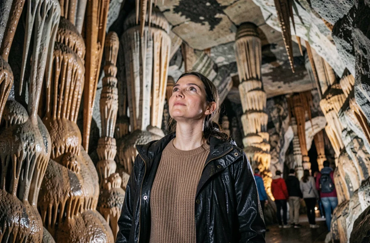 Femme admirant les stalactites d'une grotte en Ardèche par temps de pluie, visite abritée en intérieur