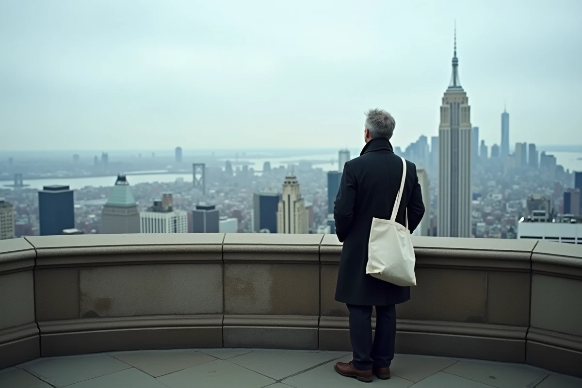 Visiteur solitaire admirant le panorama de Manhattan depuis une terrasse du Woolworth Building, balustrade en pierre et skyline de New York en arrière-plan