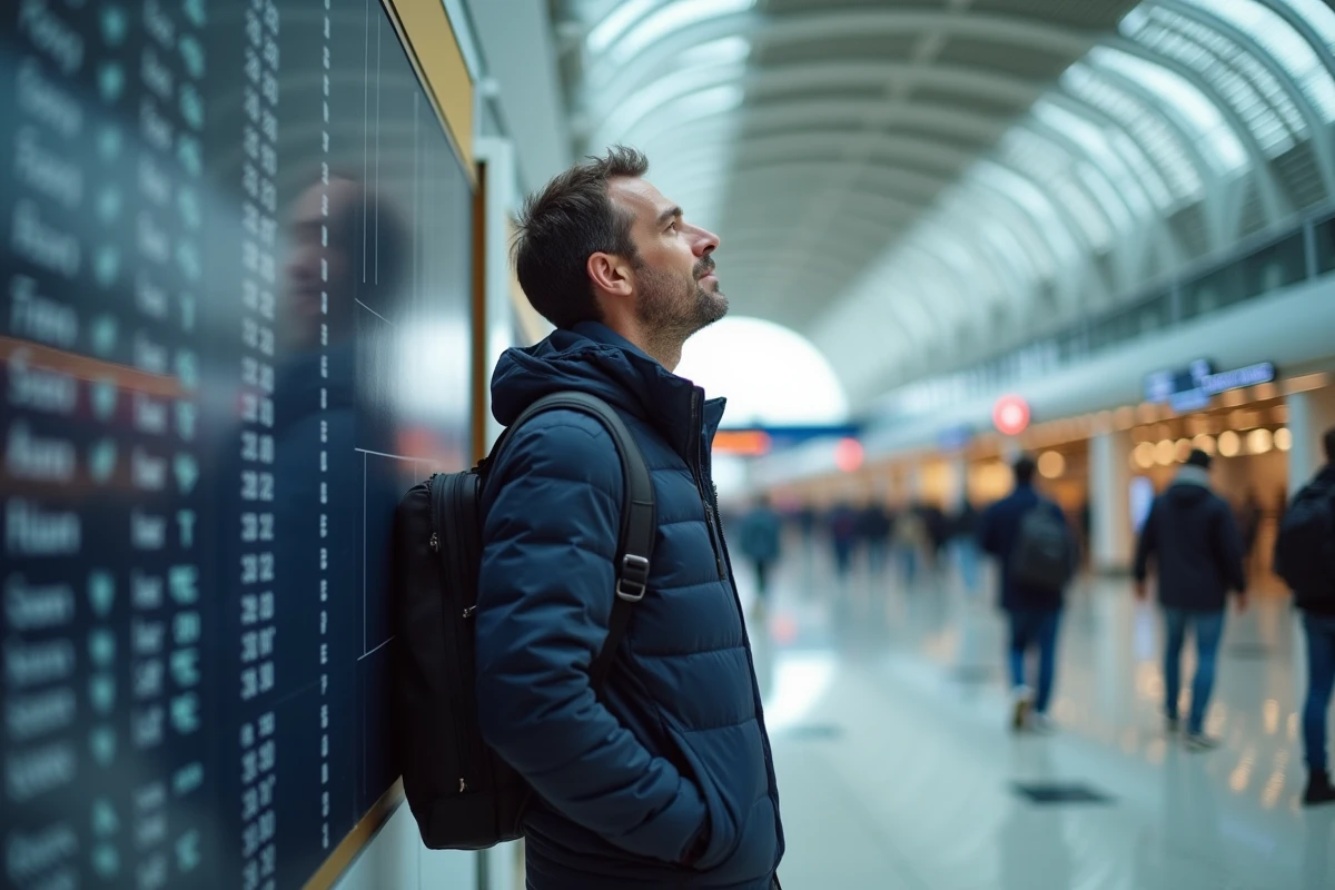 Voyageur consultant un tableau de départs dans un aéroport pour un vol vers La Réunion avec décalage horaire