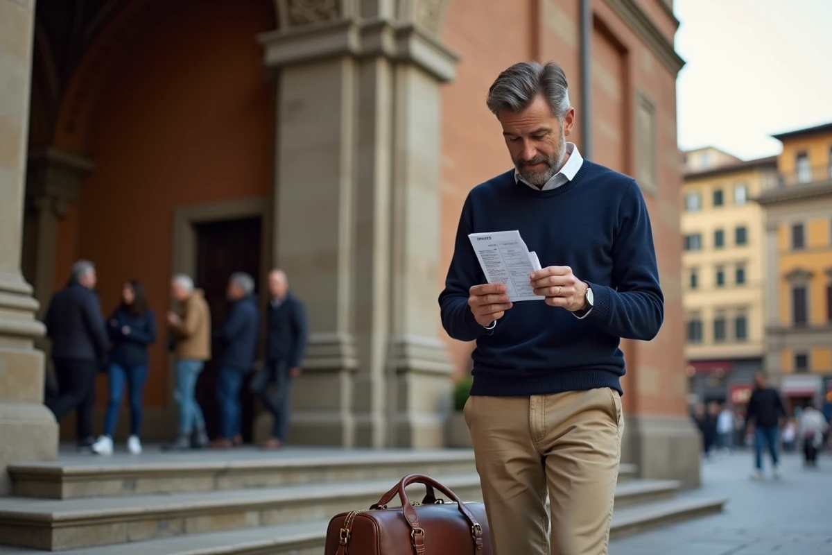 Voyageur arrivant à la gare Santa Maria Novella de Florence avec son billet de train depuis Lyon