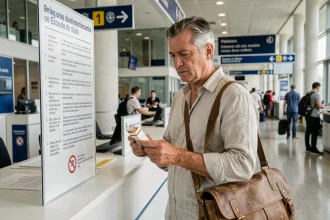 Voyageur homme à la douane espagnole tenant un paquet de cigarettes et lisant les réglementations sur les limitations tabac