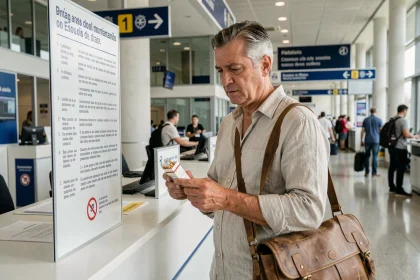 Voyageur homme à la douane espagnole tenant un paquet de cigarettes et lisant les réglementations sur les limitations tabac