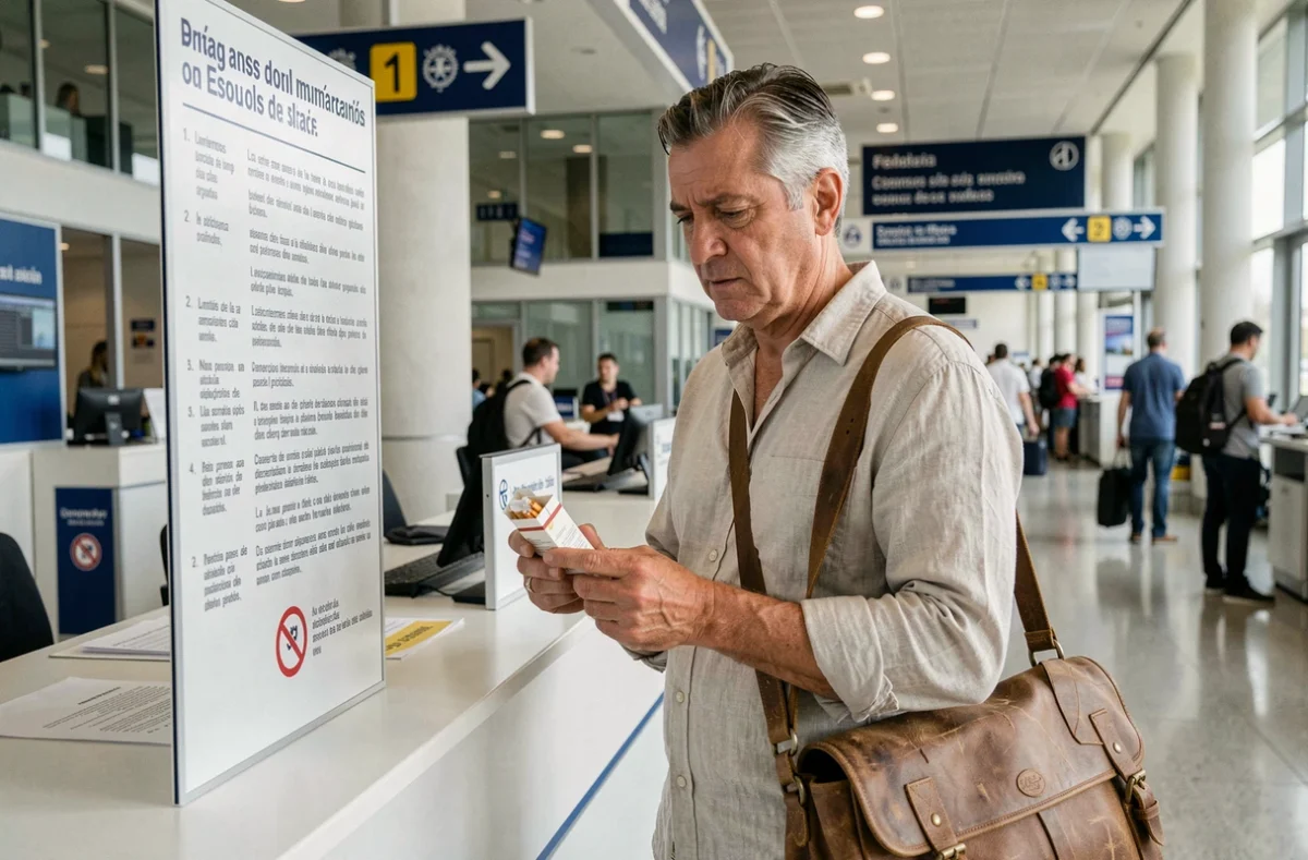 Voyageur homme à la douane espagnole tenant un paquet de cigarettes et lisant les réglementations sur les limitations tabac