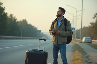 Jeune homme musulman en voyage en pause sur la route