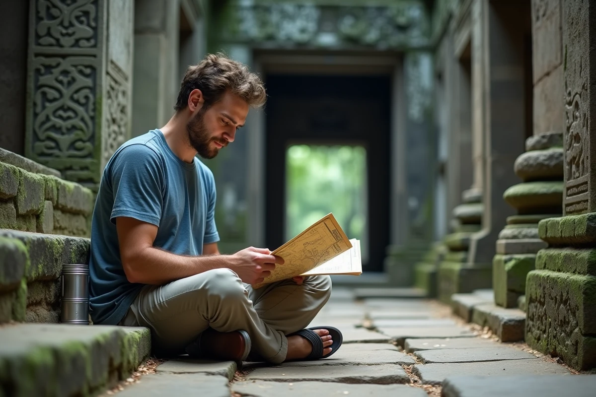 Voyageur consulant une carte sur les marches d'un temple d'Angkor Wat au Cambodge