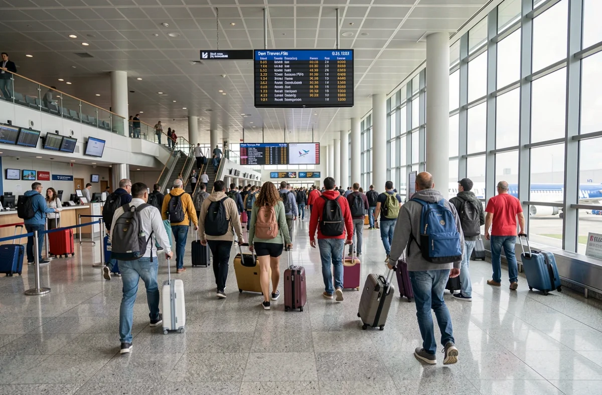 Voyageurs avec valises dans le hall de départ d'un aéroport