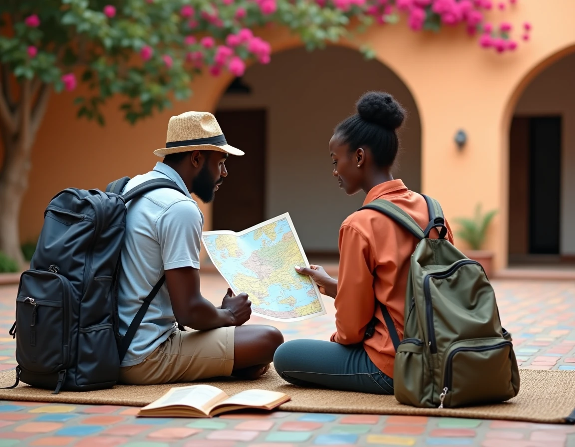 Deux voyageurs étudiant une carte du Sénégal dans une cour intérieure colorée à Dakar