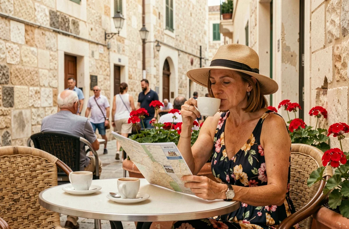 Voyageuse seule savourant un café en terrasse dans la rue principale de La Valette lors d'une escale de croisière