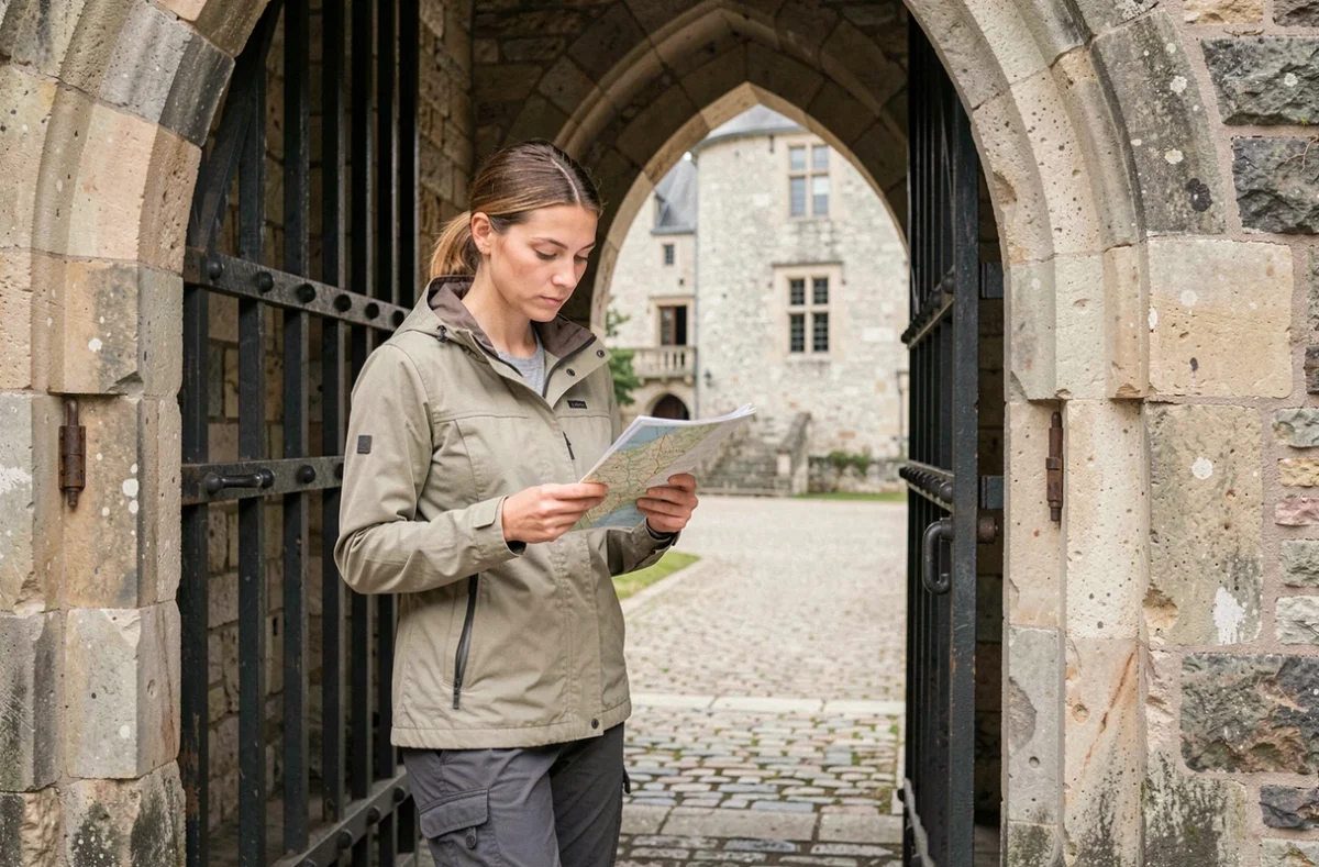 Voyageuse consultant une carte à l'entrée d'un château fort français désert