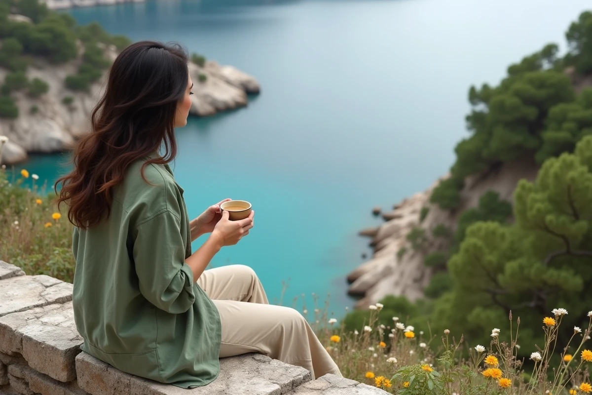 Voyageuse solitaire assise sur un muret de pierre contemplant une crique isolée de Skopelos au printemps avec un café à la main