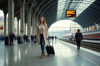 Voyageuse sur le quai de la gare de Lyon Part-Dieu avec une valise, prête pour un week-end en Italie en train