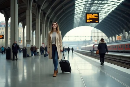 Voyageuse sur le quai de la gare de Lyon Part-Dieu avec une valise, prête pour un week-end en Italie en train