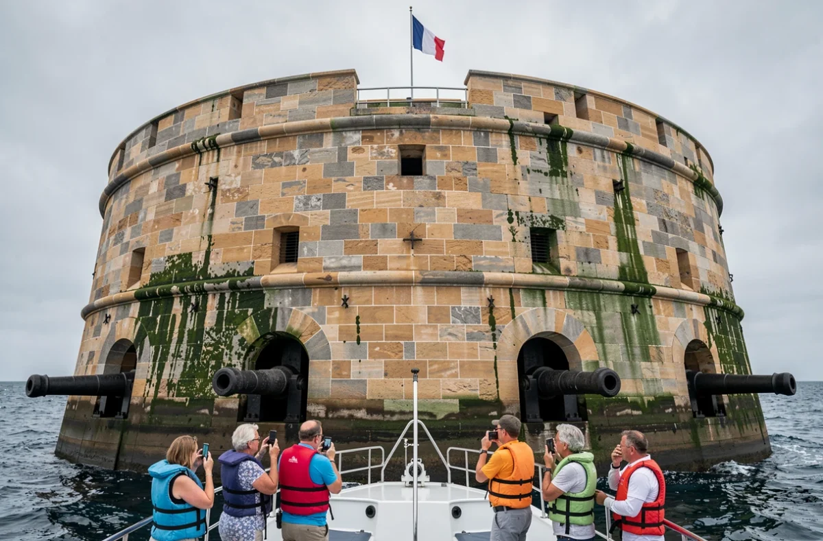 Vue rapprochée de Fort Boyard depuis un bateau d'excursion avec des touristes en gilets de sauvetage