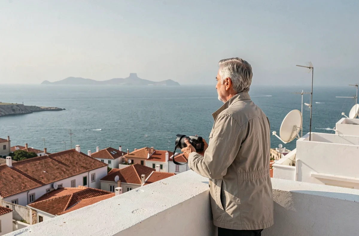 Voyageur admirant le détroit de Gibraltar depuis la terrasse de la Kasbah de Tanger