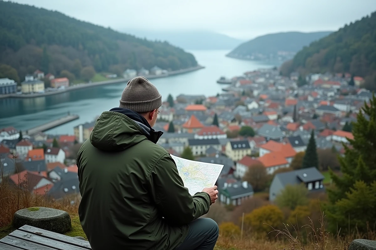 Vue panoramique sur Bergen et le quartier de Bryggen depuis la colline du mont Fløyen, avec un promeneur local au premier plan