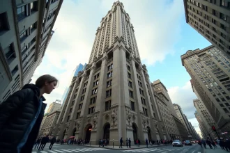 Vue grand angle du Woolworth Building depuis Broadway à Manhattan, détails néo-gothiques en pierre et gargouilles visibles, piétons en premier plan