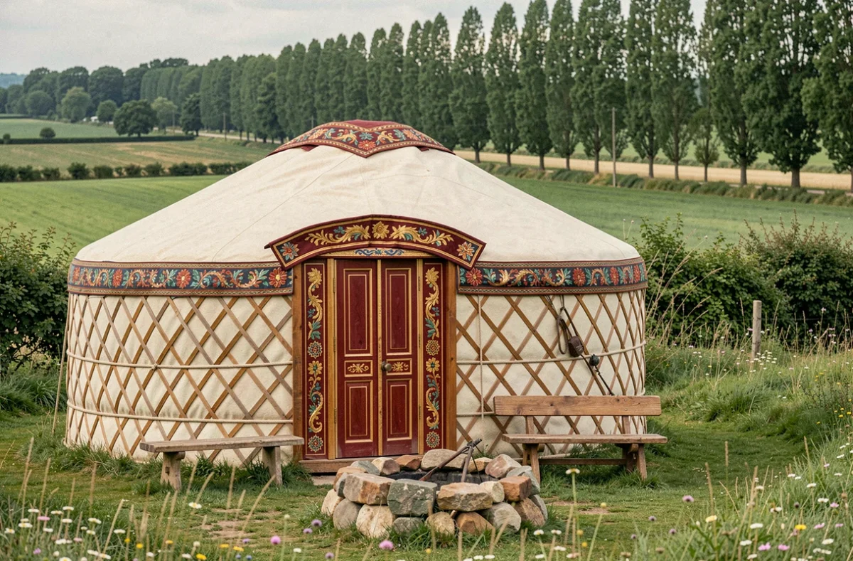 Yourte traditionnelle mongole avec porte sculptée rouge et or installée dans un pré fleuri près de Marthon en Charente, La Yourte Enchantée